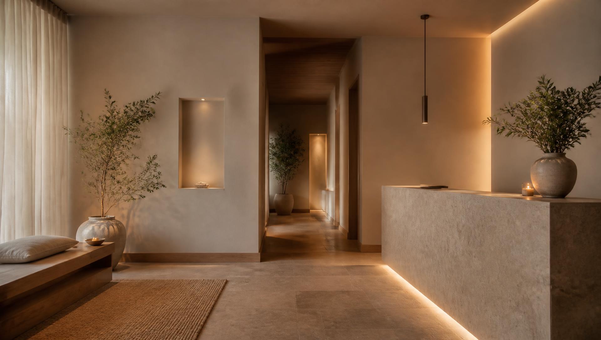 Calm wellness studio reception with warm evening light