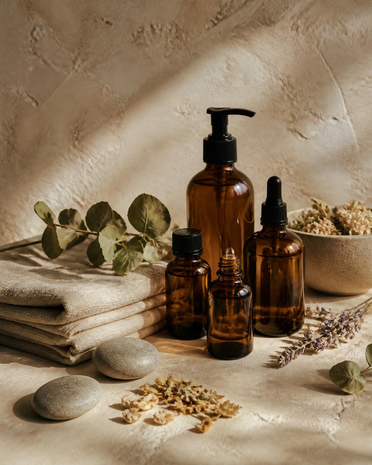 Massage oils, folded towels and dried botanicals on a warm plaster surface